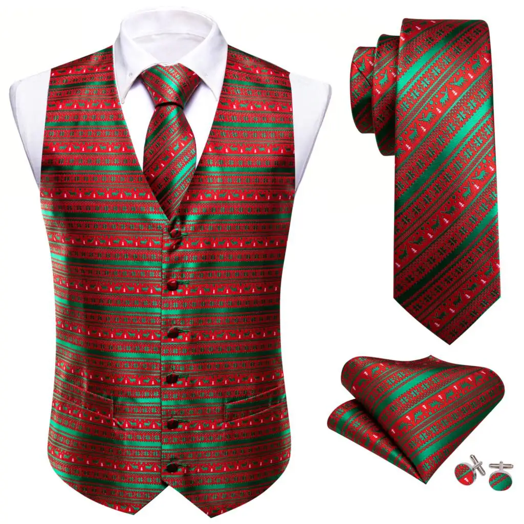 Designer Christmas Vest for Men Silk Red Green White Snowflake Elk Striped Waistcoat Tie Bowtie Set Happy Party Barry Wang