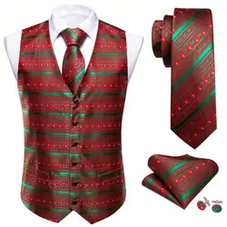 Designer Christmas Vest for Men Silk Red Green White Snowflake Elk Striped Waistcoat Tie Bowtie Set Happy Party Barry Wang