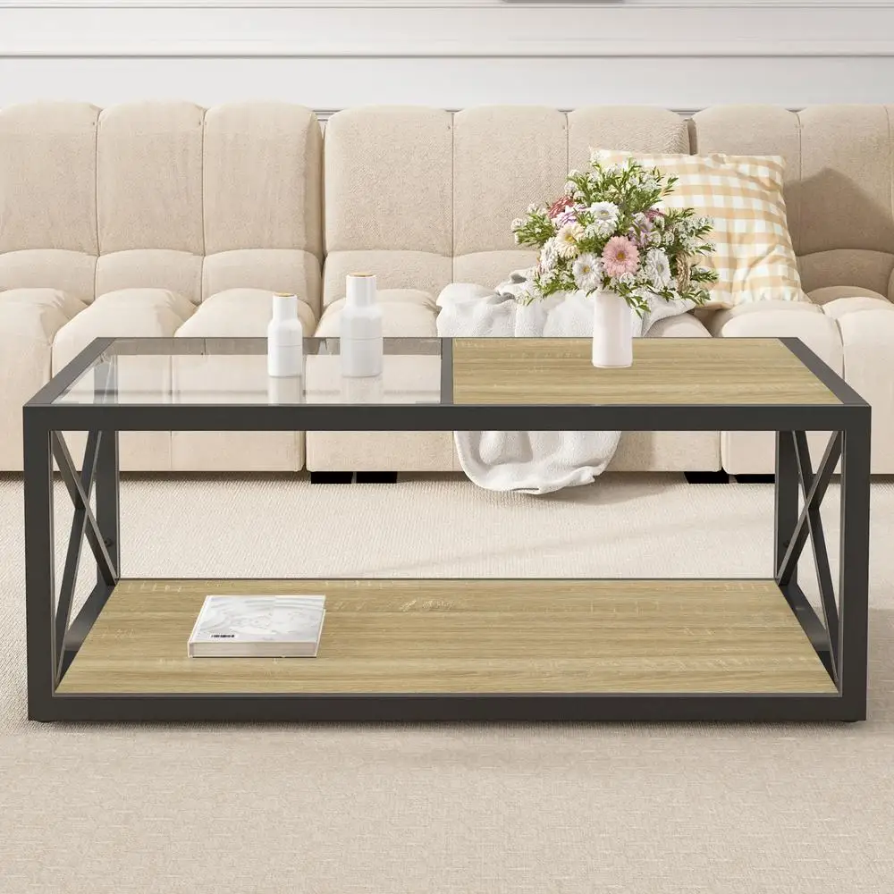 Tavolino moderno in stile industriale con piano in MDF in legno di vetro temperato per soggiorno, camera da letto, struttura a X