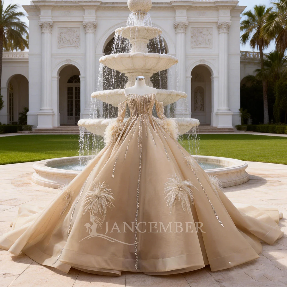 

Новинка! Акционное длинное вечернее платье для подружки невесты, бальное платье на заказ, без бретелек, со шлейфом, с пайетками и перьями.