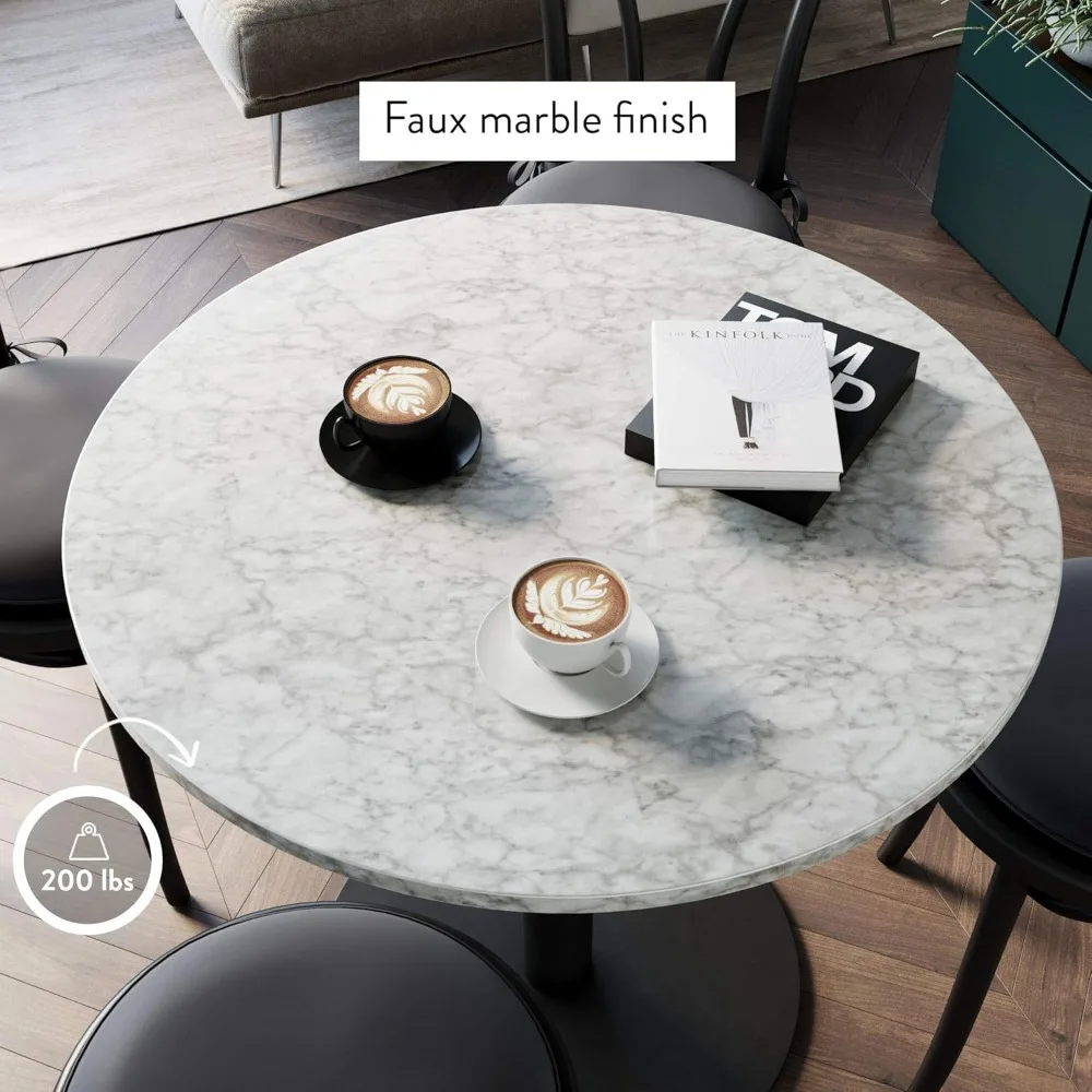 Small Mid-Century Modern Kitchen or Dining Table with Faux Carrara Marble Top and Brushed Metal Pedestal Base