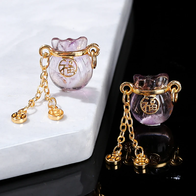 1 Pc Natural Amethyst Lucky Bag Chinese Fu Character Copper Buckle Pendant For Jewelry Making Diy Necklace Bracelet Accessroy
