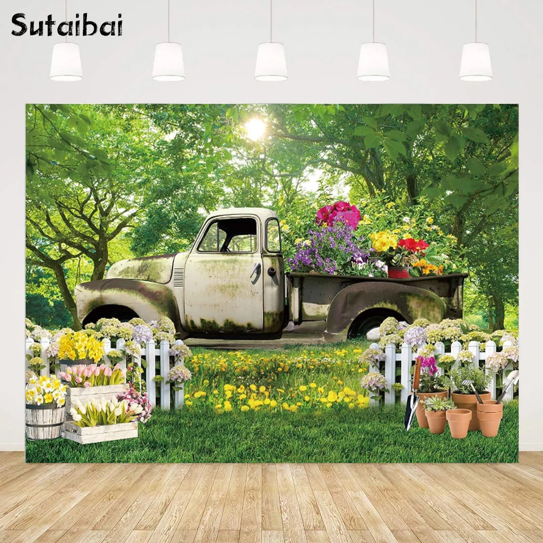 Spring Garden Truck Backdrop Green Grass Floral Natural Countryside Scenery Background for Photography Baby Shower Newborn Party