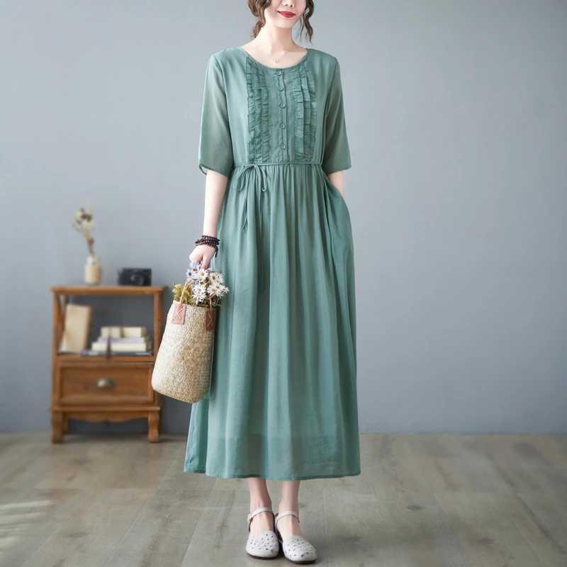 여름용 대형 사이즈 이중 레이어 면 린넨 오부 드레스 루즈핏 슬리밍 벨트 허리 롱 드레스 트렌디 버튼업 A라인...