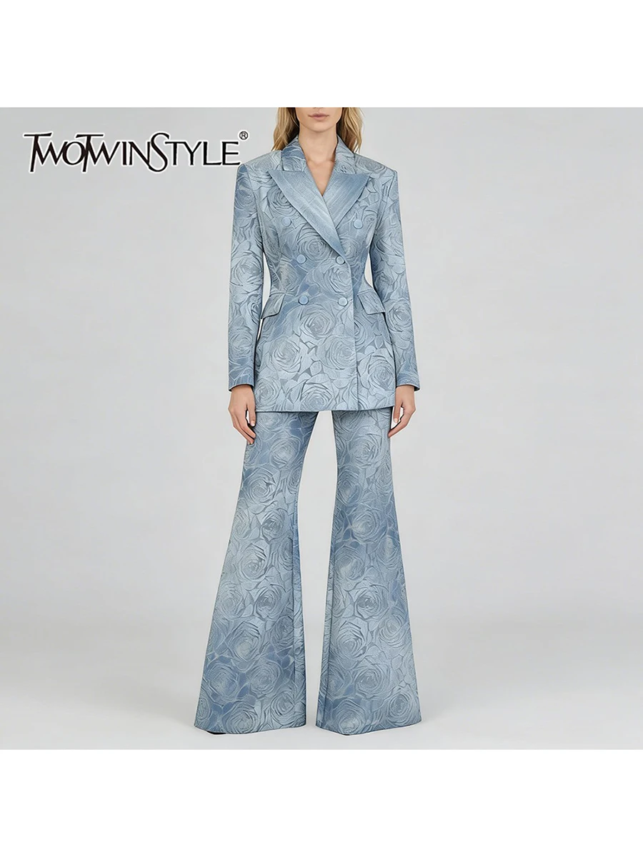 TWOTWINSTYLE Solid Sheer Spliced Printing Two Piece Set for Women Lapel Long Sleeves Blazer High Waist Pant Cowboy Sets Female