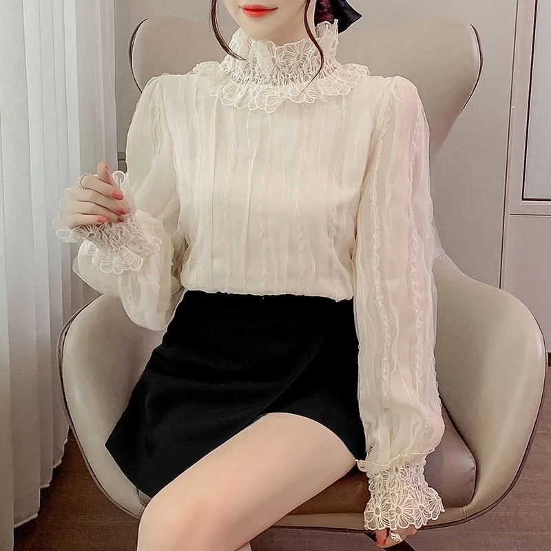 Women\'s Lace Shirts Blouses Y2k Vintage Aesthetic Harajuku 2000s Elegant Fashion Solid Color Long Sleeve Shirt Top Clothes 2024