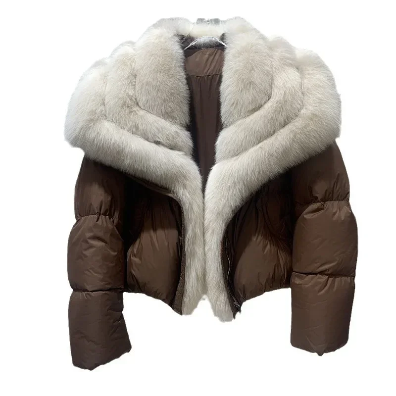Abrigo de invierno con cuello de zorro para mujer, chaqueta de plumón de ganso blanco, Chaqueta corta de piel cálida