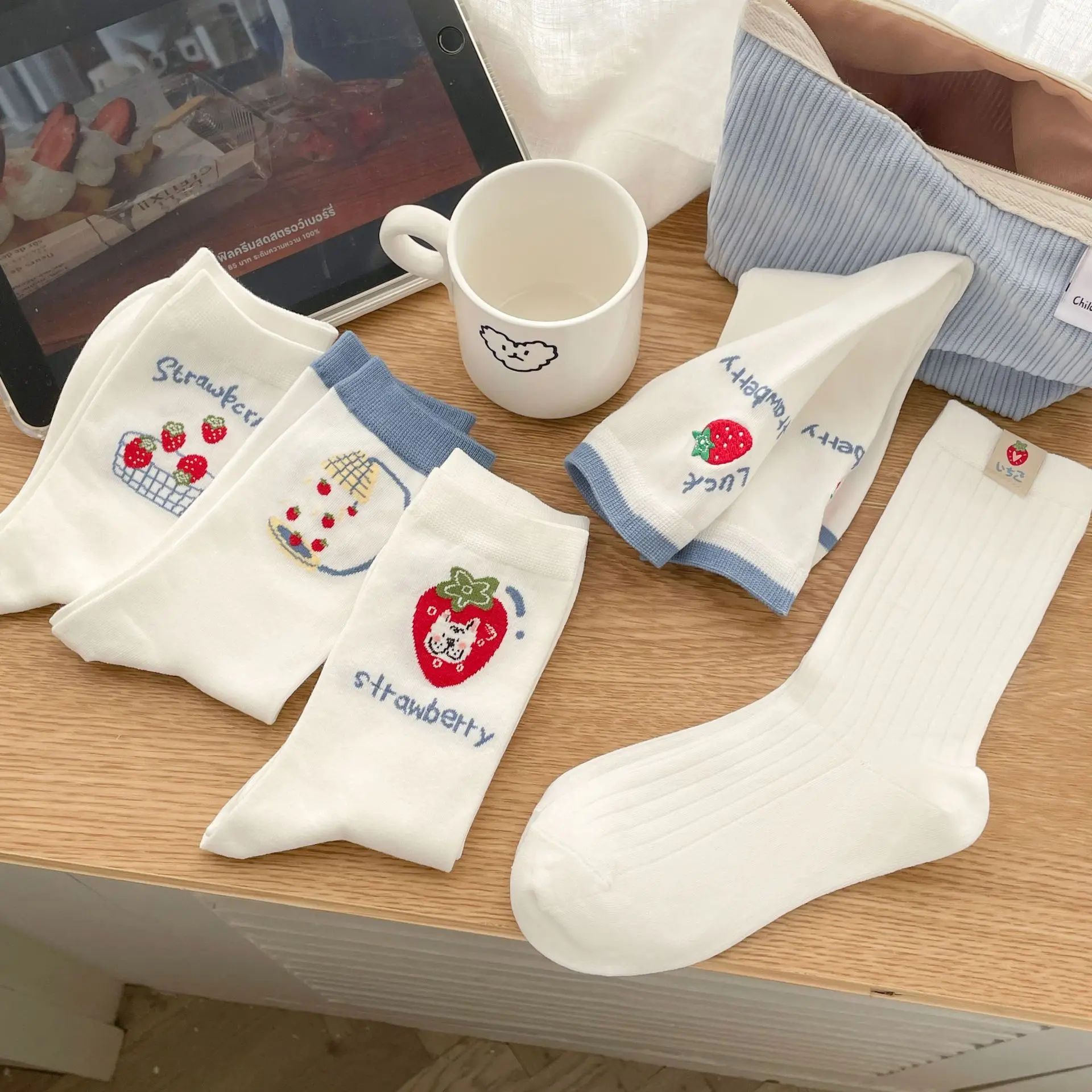 

5 Pairs Ladies' Socks Set Japanese Cartoon Strawberry Kawaii Sweet Preppy Style Comfortable High Quality Cotton Socks For Girl