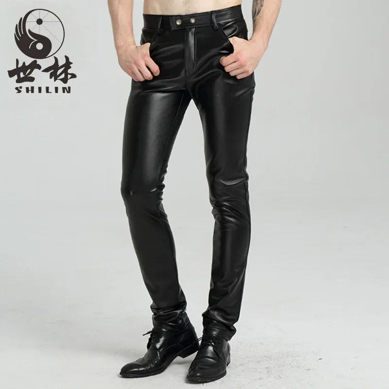 

2024 autumn tight leather pants locomotive leather pants with velvet PU straight men's cultivate one's morality pants