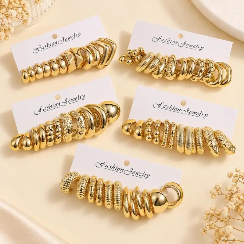 Golden Hoop Earrings Set for Women, Chunky Huggie Hoops, Ear Cuffs, Twisted Statement Earrings, Trendy Multipack Jewelry