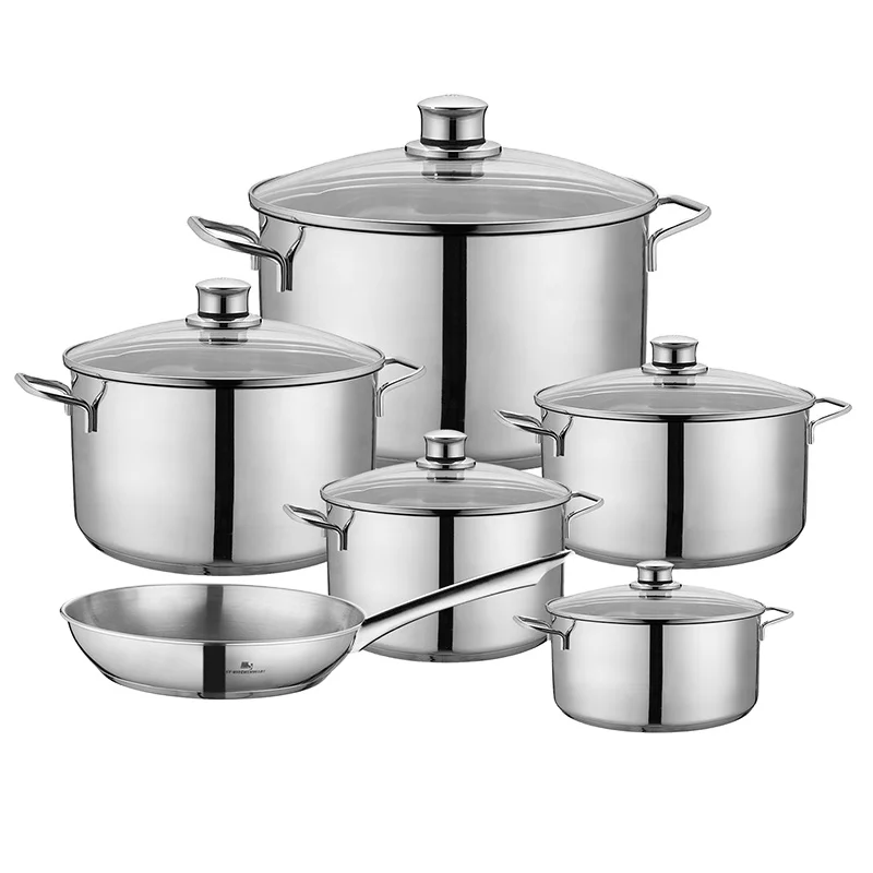 Juego de utensilios de cocina de acero inoxidable, olla Wmf plateada 304, juego de ollas y sartenes OEM, cocina por inducción