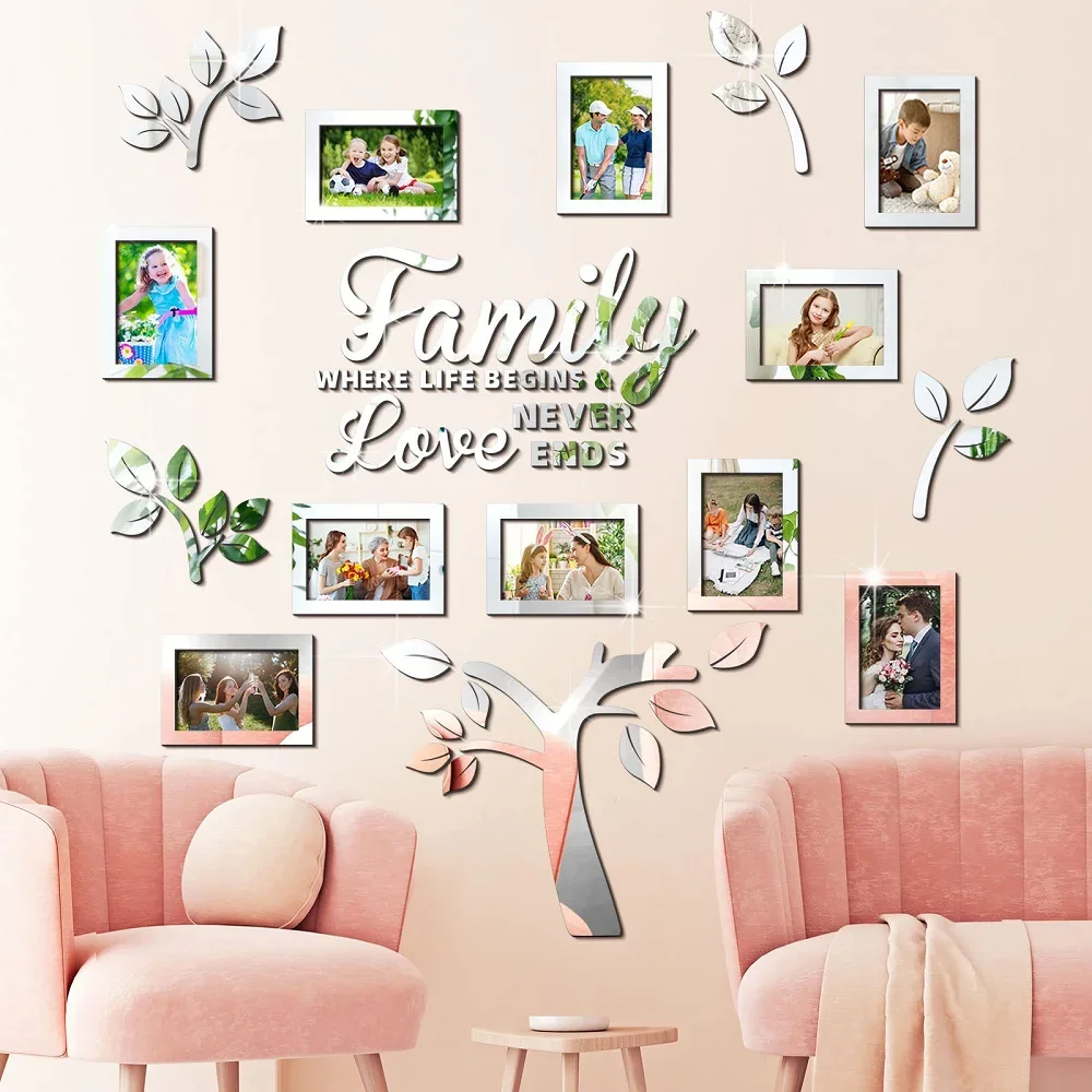 Acrylic Home Growth Tree Wall Stickers 3D Genealogy Mirror Wall Stickers DIY Photo Collage Photo Frame Stickers Home Decoration