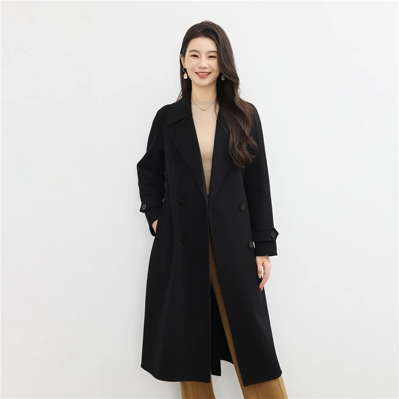 

100% шерстяное пальто! Женское однотонное длинное базовое пальто, суперклассическое, с поясом + пуговицами