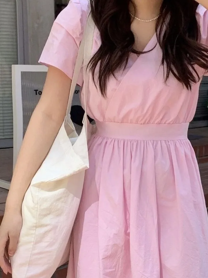 Chic Summer New Sweet Cross V-ne Bubble Sve Dr Women's Clothing Casual Sle ort Sve Midi Dr for Date