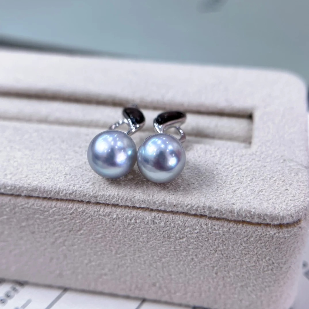 

YB2024 Pure 925 Sterling Silver Round 7-8mm Japan Sea Water Bluish Gray Pearls Studs Earrings Women Fine Pearl Earrings Clasps