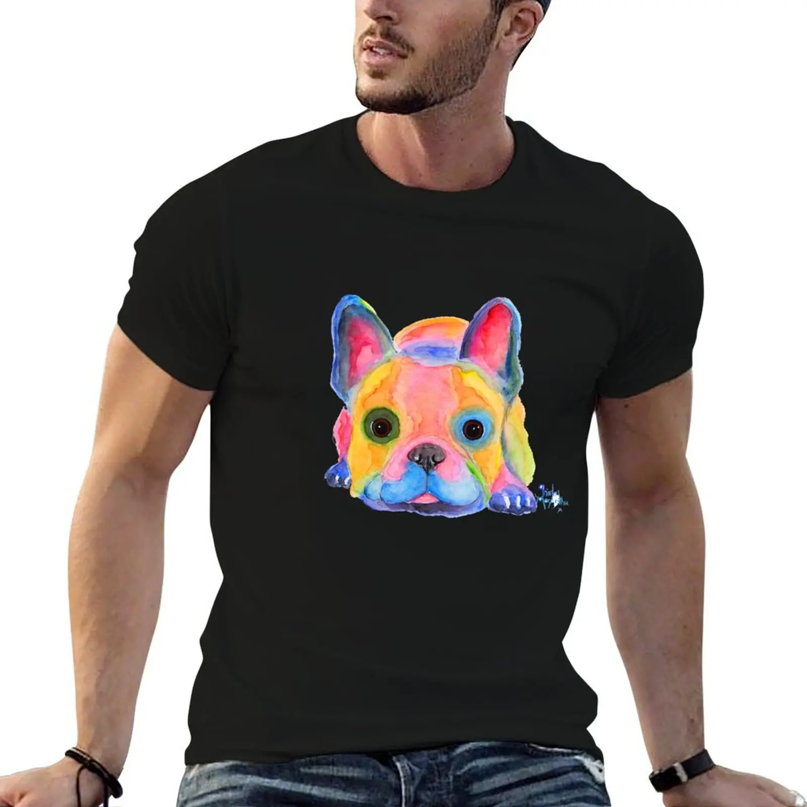 

French Bulldog PRiNT ' AM I FRENCH  ' by Shirley MacArthur T-Shirt t shirt man plain cotton t shirt man T-Shirt