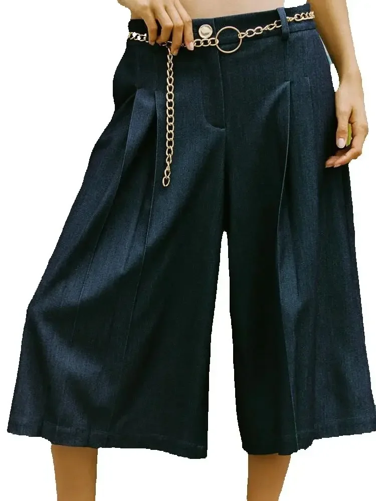 2025 Summer Fashion Women's Vintage High Waist Straight Trousers & Belt Female Elegant Knee Length Street Wide Leg Chain Pants