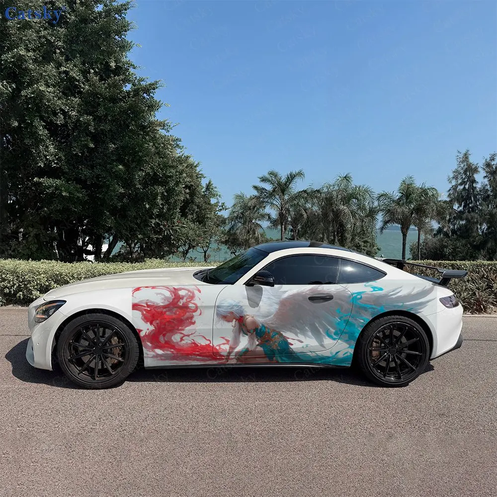 2pcs Fire & Ice Winged Girl Car Side Wraps, Self-Adhesive PVC Waterproof & Scratch-Resistant Stickers, Car Accessory Gift