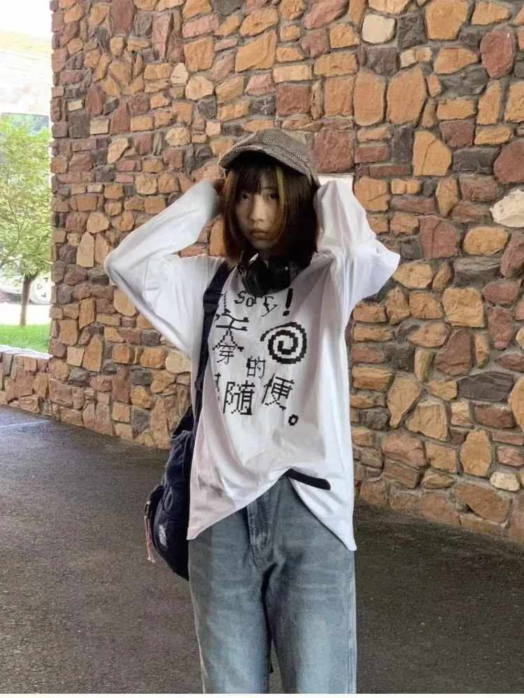 2025 primavera otoño camiseta de manga larga para mujer tendencia de moda todo-fósforo parte baja suelta Tops Y2k Harajuku Casual ropa de calle Te