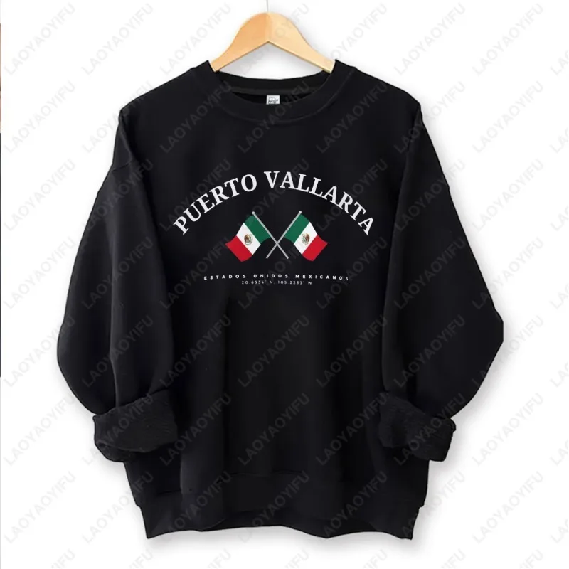 Jerséis de cuello redondo con bandera de México de Puerto Vallarta, ropa deportiva de moda para hombres y mujeres, ropa informal de manga larga Harajuku de Hip-hop, ropa de calle