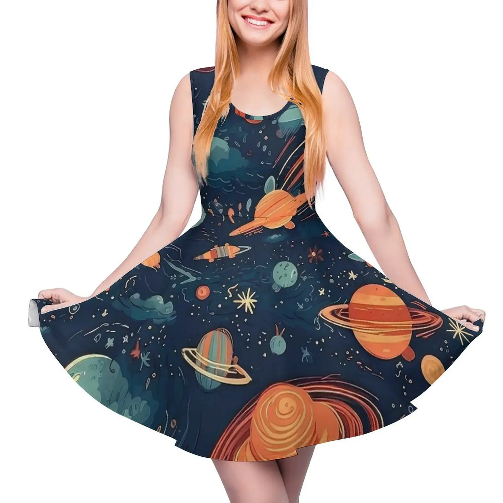 Space Sketch Dress Cute Planets Stars Beach Dresses High Waist Streetwear Custom Skate Dress Women Oversized Vestidos