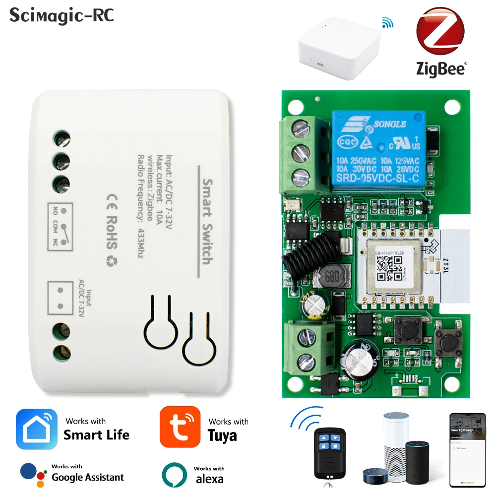 1CH Zigbee Tuya Smart Relay Switch Module  AC/DC 7-32V RF/APP Wireless Remote Control Smart Home Works Alexa Google Assistant
