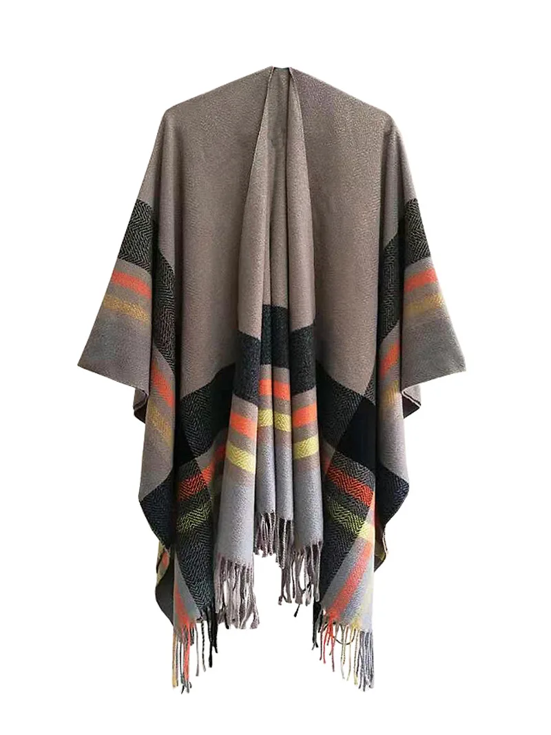 Imitation Cashmere Women Spring Autumn Double sided Plaid Split Shawl Warm Fashionable Street Poncho Lady Capes Black Cloaks