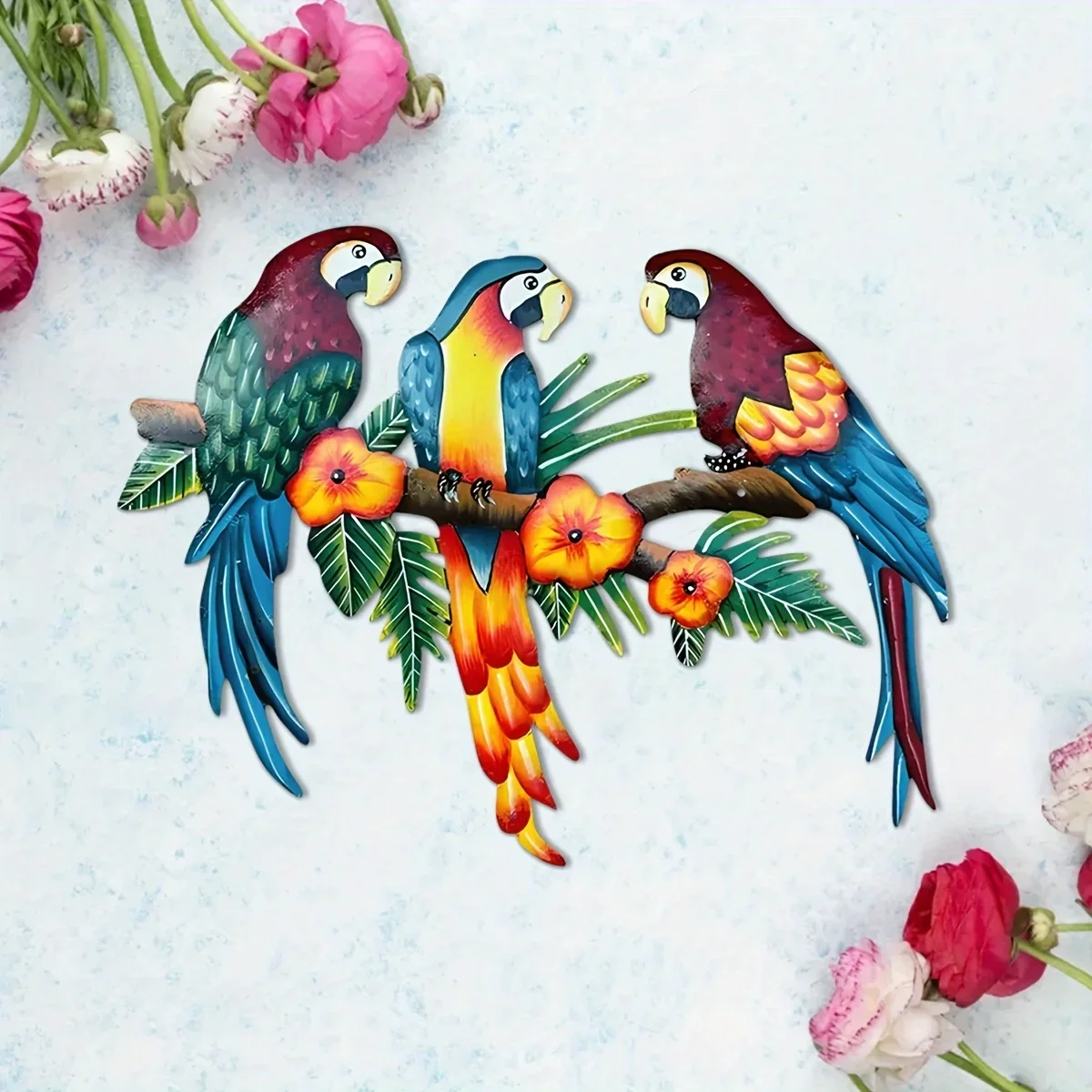 CIFBUY 2D Metal Parrot Wall Art Colorful Macaw Birds on Branch Metal Wall Hanging Garden Patio Home Decor