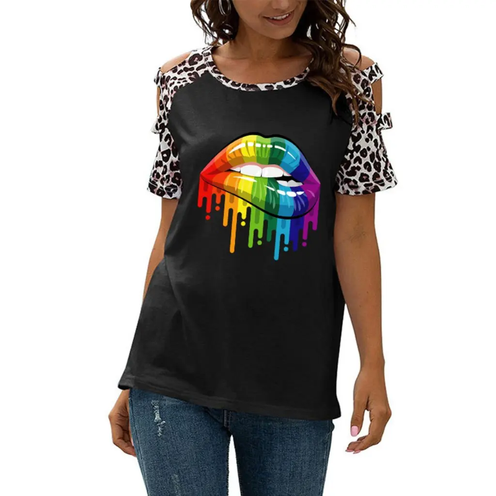 

Женская футболка с круглым вырезом и радужным принтом губ, повседневный полый топ с короткими рукавами и леопардовой строчкой в европейском и американском стиле