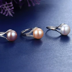 YWYC V Shape Zircon Crystal Adjustable Rings 8mm Freshwater Pearl Rings for Women Jewlery Gift Wedding Anniversary Daily