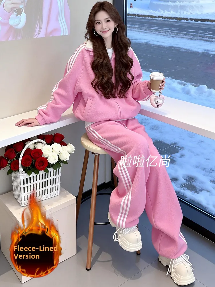 

Pink Fleece Lined Sports Set Women's Casual Wear Two Piece Suit High Waist Wide Leg Pants Hoodie Comfortable Winter Outfit