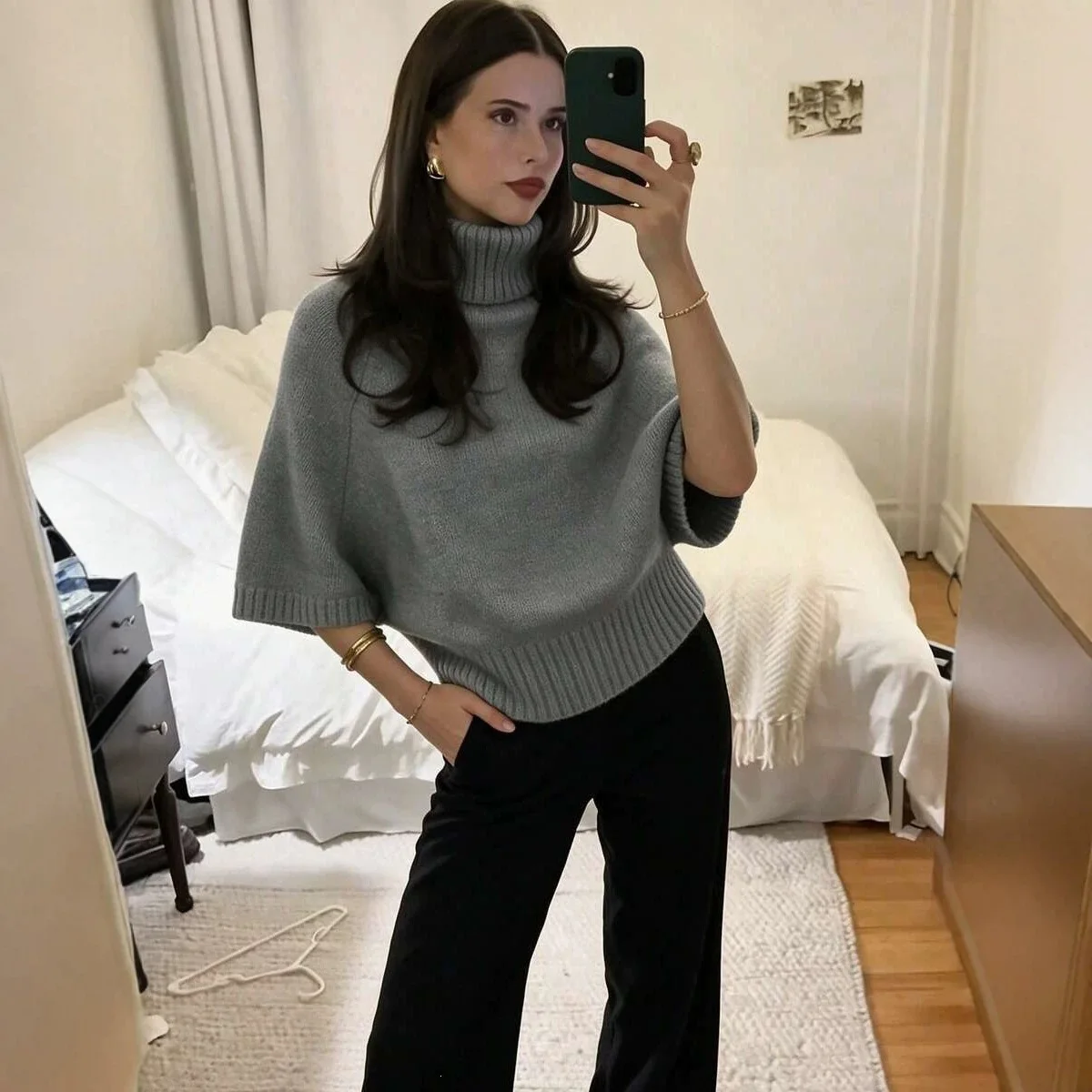 Winter Women's High Neck High-quality Soft Knitted Top With Five Quarter Sleeves Loose Casual Pullover Fashionable Daily Wear