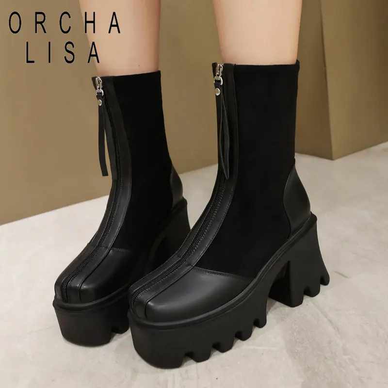 

ORCHA LISA Women Ankle Boots Square Toe Block Heel 8cm Platform 4cm Zipper Fashion Casual Shoes Winter Autumn Bota Big Size 43