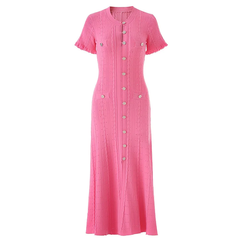 

Solid Women Pink Knitting Cotton Dress Fashion Short Sleeve A-Line Dresses