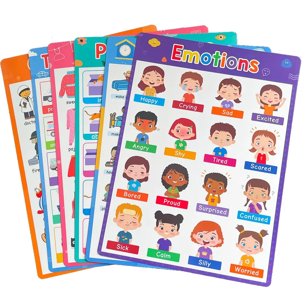 

20 Themed Posters Set, A4 English Animal Fruit Emotion Preposition Number Word Cognition Poster Suitable for Children