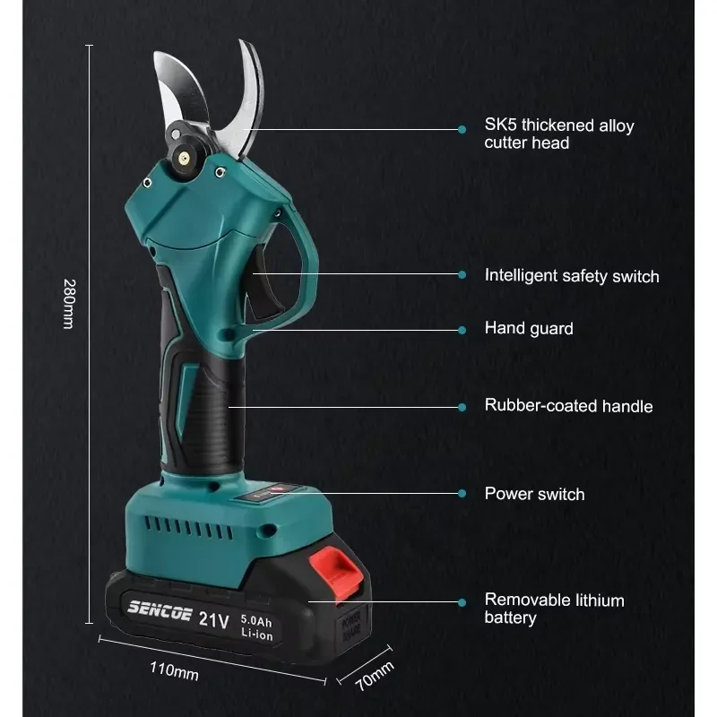 Professional Electric Bypass Tree Pruner Scissor for SENCOE Rechargeable Trimming Shear Pruning Tool with Anti-Slip Grip 21V