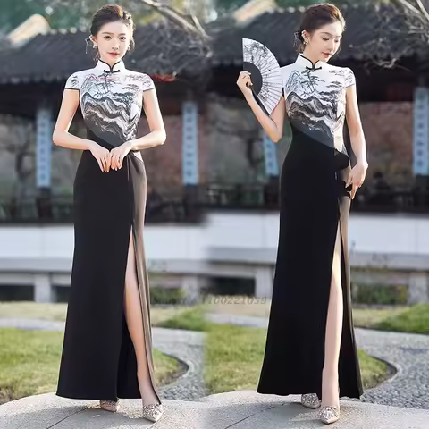 2026 chinese vintage dress improved cheongsam national ink painting patchwork qipao evening banquet dress oriental formal qipao