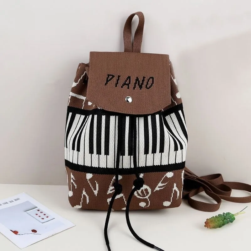 Korean Piano Note Backpack Women Drawstring Knitted Lightweight Daypack Ladies High End Casual Artistic Mochilas Mujer Chic 2025
