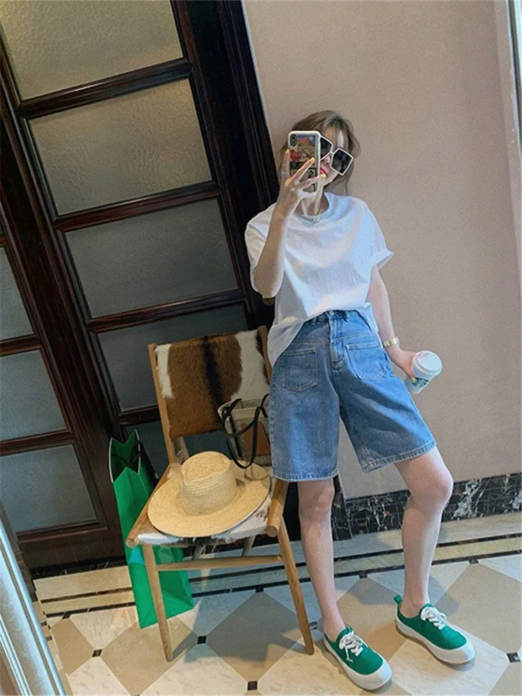 Women Clothes Summer Wide Leg Demin Shorts High Waist Plus Size Loose Slimming Design Thin Cropped Pants Vintage Streetwear