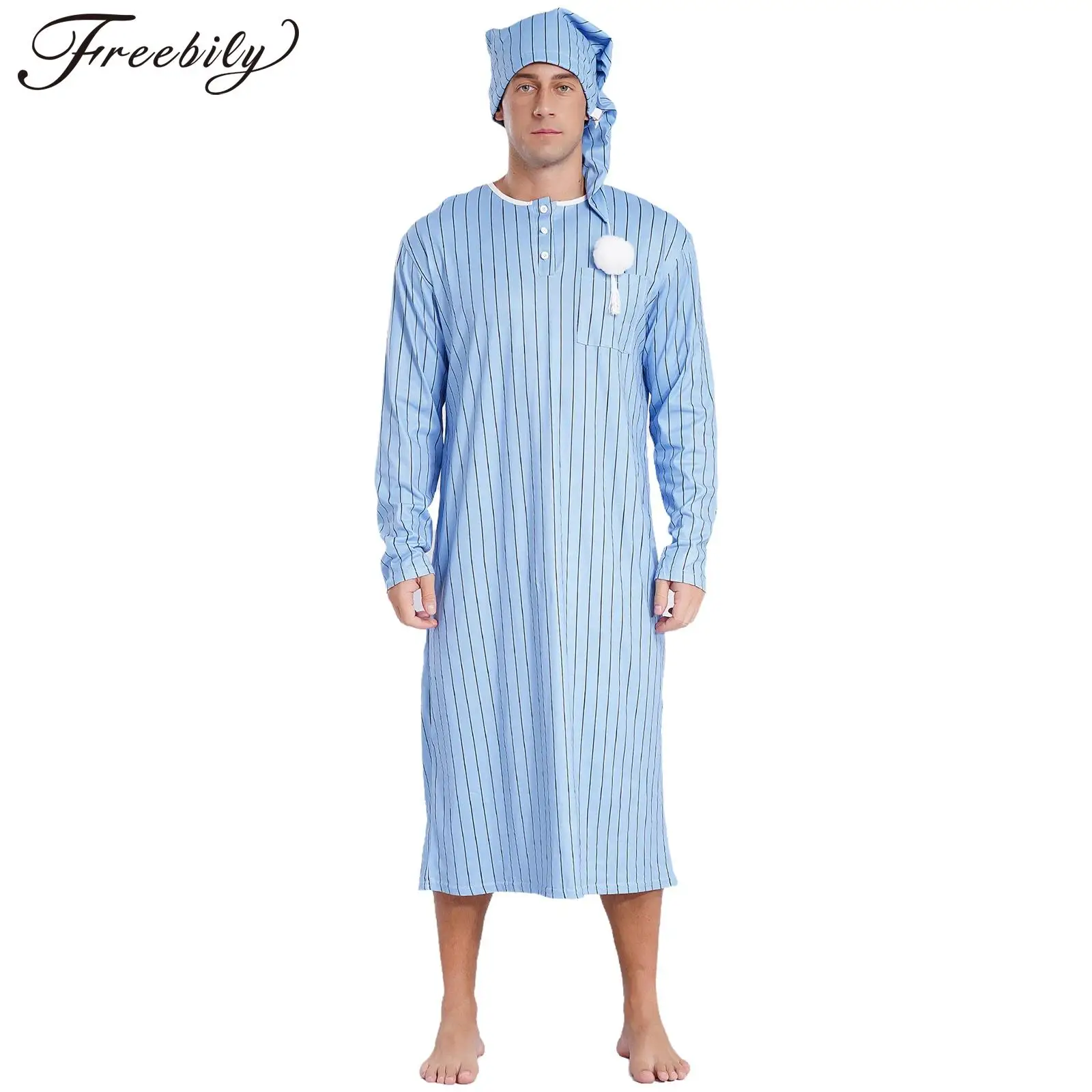 Men\'s Soft Loose Sleep Robe Fashion Homewear Striped Long Sleeve Button-down Nightshirt with Sleeping Cap Pajama Set Nightgown