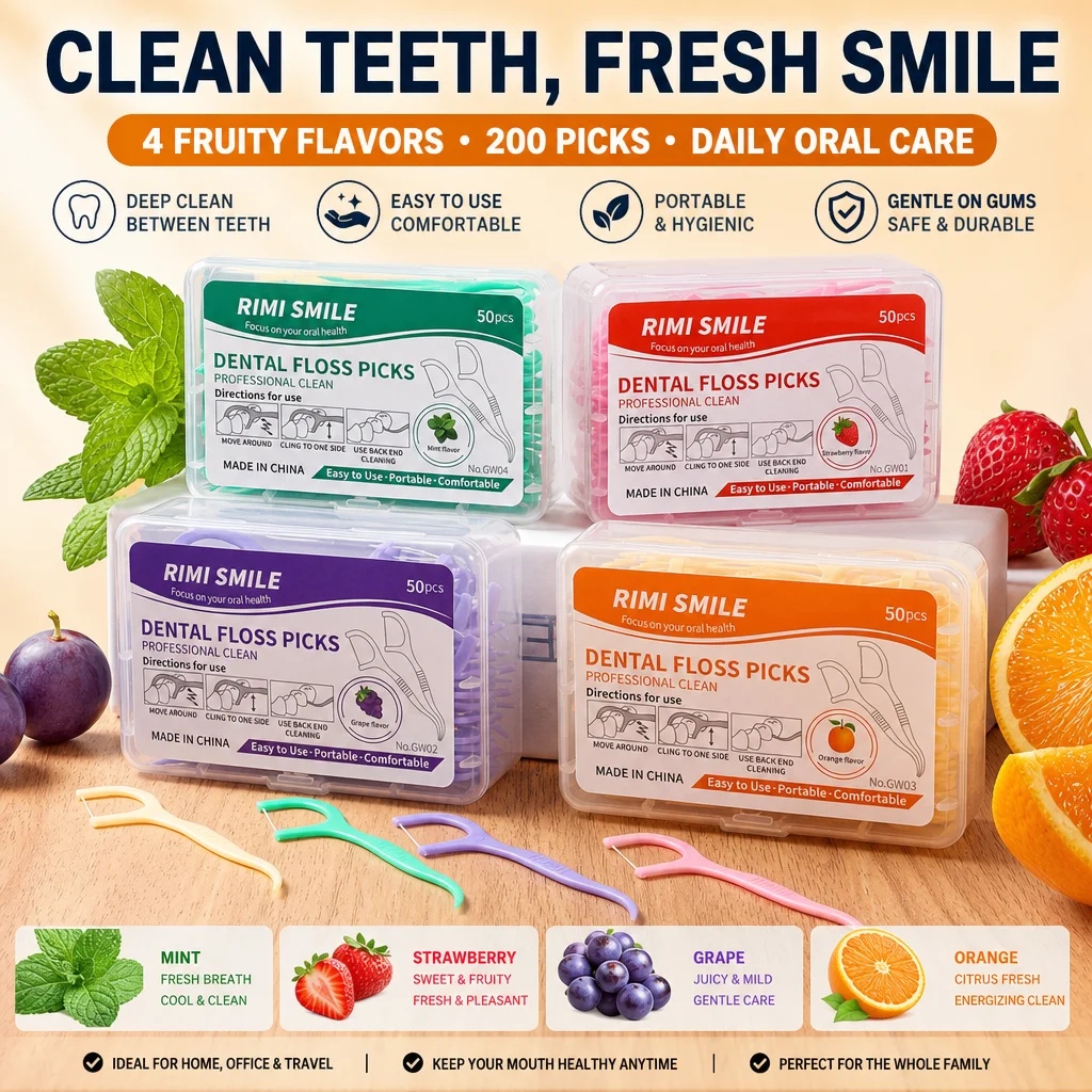 50 Sticks/Box, Fruit-Flavored Dental Floss Sticks with 4 Flavors to Choose From, Effective Cleaning Tool for Gaps Between Teeth