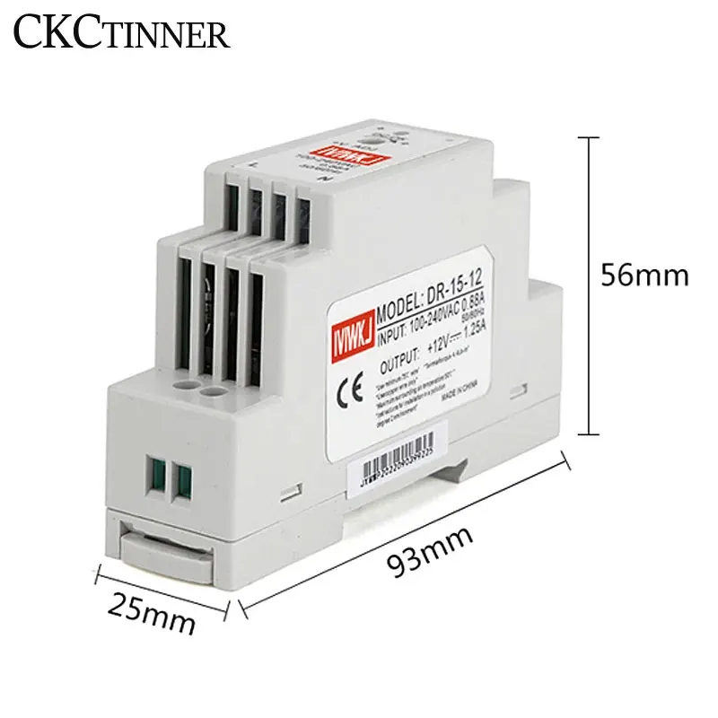 DR-15 15W DIN Rail Switching Power Supply Input 100-240V AC To DC 5V 12V 24V Single Output For Led Strip CCTV 2.4A 1.25A 0.63A