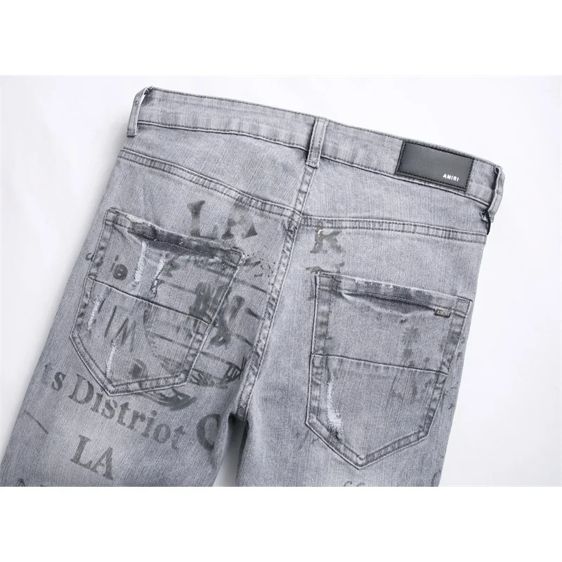 2024 High-end personalized design torn gray letter print Skinny stretch small leg men's jeans hip-hop street denim pants