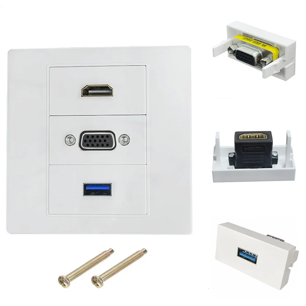 

86 мм Pro VGA USB HDTV Женский Домашний ТВ AV Настенная розетка Видеорозетка Лицевая панель Белый ABS;