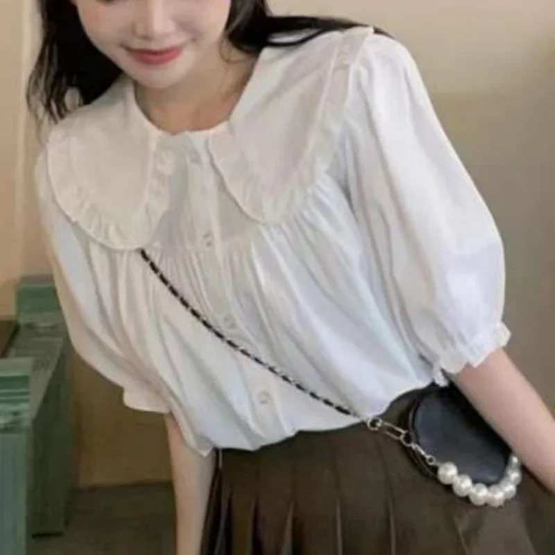 Peter Pan Collar Shirts Women White Tender Loose Casual Puff Sleeve Sweet Summer French Style Fashion Preppy Stylish Ins Elegant