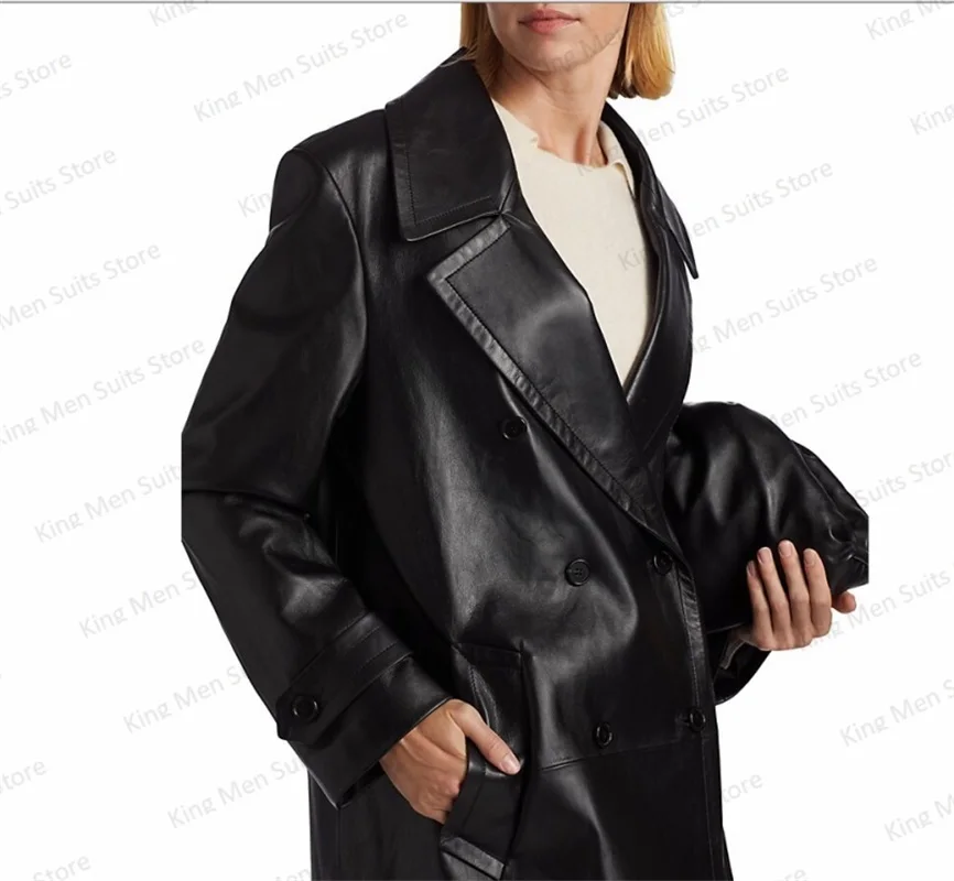 Traje de cuero negro para mujer, chaqueta Formal de oficina para mujer, abrigo largo e invitado para madre, vestido de graduación hecho a medida, 1 pieza, invierno y otoño