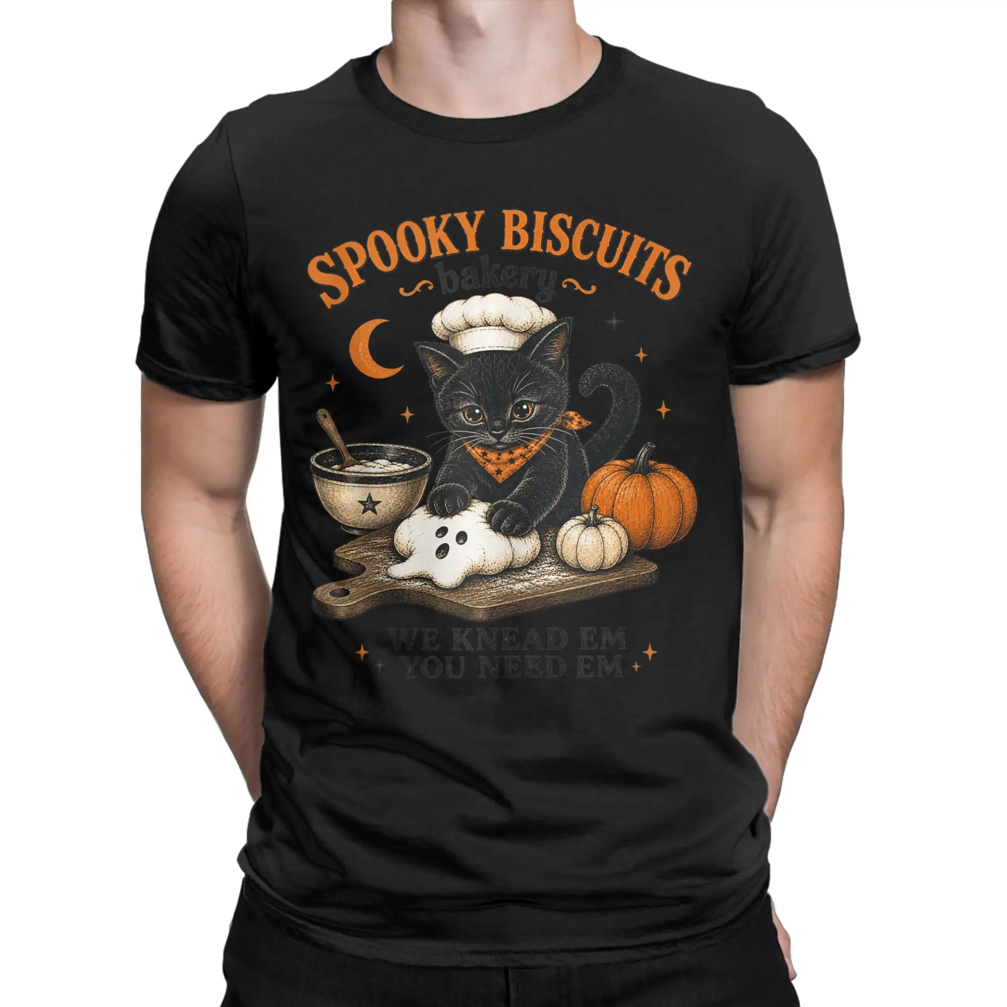 Spooky Biscuits Bakery Funny Black Cat Halloween Pumpkin T Shirt Men's  100% Cotton Funny T-Shirt Crew Neck Tees