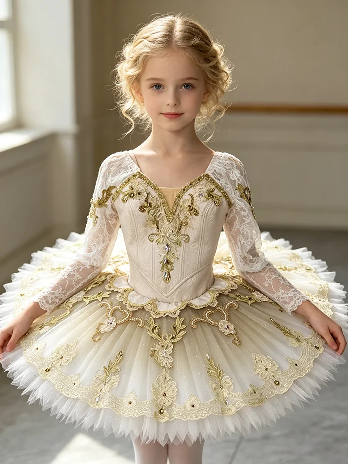 Women lace mid sleeve pointed V neck ballet tutu performance dress rhinestone gilded vintage scroll embroidery light apricot gra