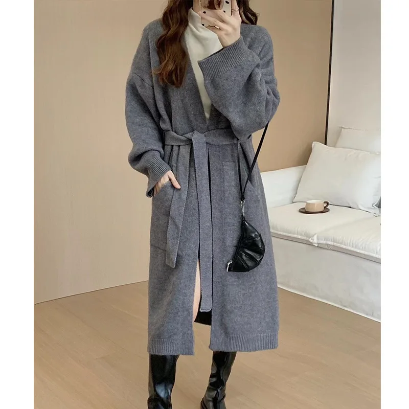 [ZOCI]2024 Autumn/winter Cross Knee Knitted Cardigan Women's Korean Edition Loose Large Medium Long Luxury Sweater Jacket Trendy