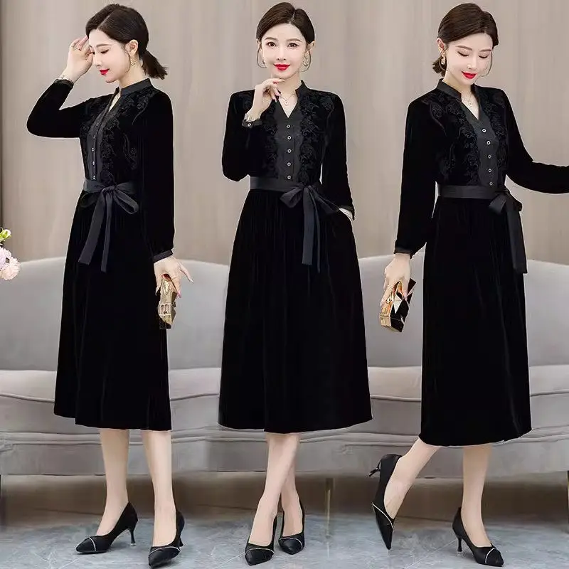 

Velvet Dress Women's Autumn 2023 New French Light Luxury Fashion Spliced Vintage Long Dress Elegant Lace Up Lady Vestidos Z3759